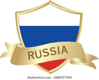 Flag of russia as around the metal gold shield with russia flag