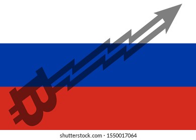 Flag of Russia and bitcoin arrow graph going up.Vector