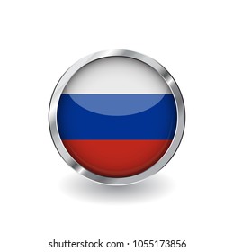 Flag of russia, button with metal frame and shadow. russia flag vector icon, badge with glossy effect and metallic border. Realistic vector illustration on white background.