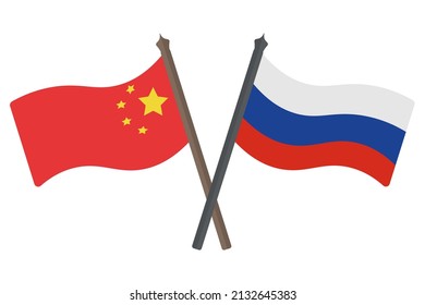 Flag of Russia and China. Banner crossed among themselves. Color vector illustration. Symbols of the states. Political themes. Flat style. National sign. Isolated background. Idea for web design