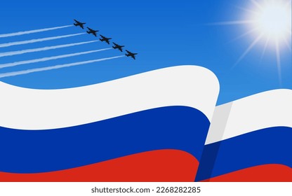 Flag of Russia and a fighter plane formation flying in the sky. 12th June Independence day Russia. Military aviation in the blue sky. Vector illustration