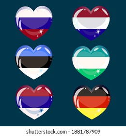 
Flag of russia germany estonia uzbekistan netherlands serbia in the form of a volumetric heart with highlights. Vector image