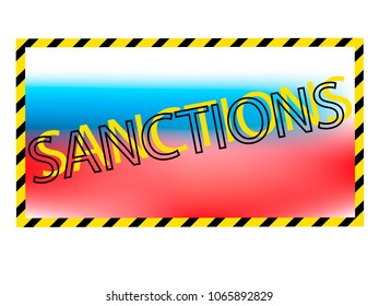 Flag of Russia with  inscription - sanctions and  restrictive yellow ribbon.