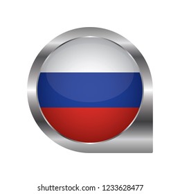 Flag of Russia, location map pin, pointer flag, button with the reflection of light and shadow, silver frame, Icon country. Realistic vector illustration on white background.