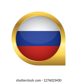 Flag of Russia, location map pin, pointer flag, button with the reflection of light and shadow, gold frame, Icon country. Realistic vector illustration on white background.
