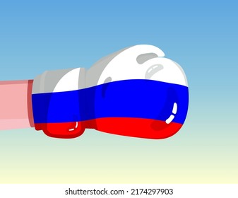 Flag of Russia on boxing glove. Confrontation between countries with competitive power. Offensive attitude. Separation of power. Template ready design.
