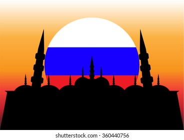Flag of Russia on the sunset background with a mosque on it