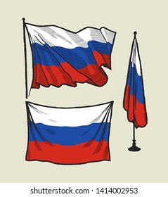 Flag of Russia on the wind and on the wall - vector drawing illustration set