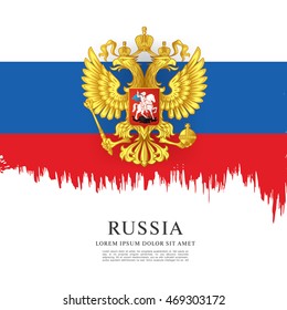 Flag of Russia. Russian flag. Coat of Arms. Brush stroke background