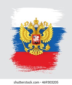 Flag of Russia. Russian flag. Coat of Arms. Brush stroke background