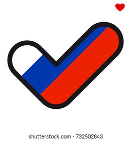 Bandera de Rusia en forma de marca de verificación, aprobación de señal vectorial, símbolo de elecciones, votación.