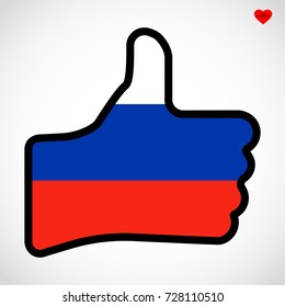 Flagge von Russland in der Form der Hand mit Daumen nach oben, Geste der Genehmigung, Vektorfinger-Zeichen, flache Design-Illustration.