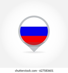 Flag of Russia in shape of map pointer or marker. Russian national symbol icon. Vector illustration.