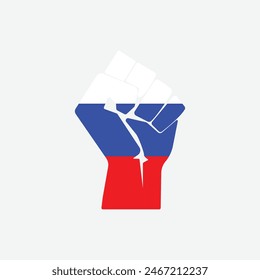 Flag of Russia in the shape of raised hand sign isolated on background. Fist symbol modern, simple, vector, icon for website design, mobile app, ui. Vector Illustration