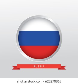 Flag of Russia in shiny circle with red ribbon on gradient gray background.