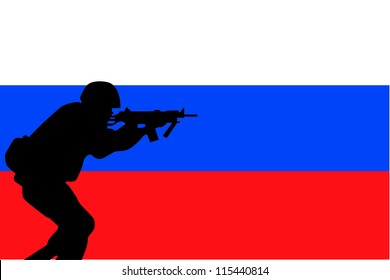 The flag of Russia and the silhouette of a soldier aiming their weapon