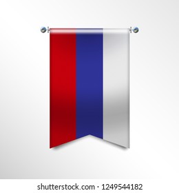 Flag of RUSSIA with texture. Realistic vector banner Hanging on a Silver Metallic Poles.Triangle flag hanging. Vertical russian icon template isolated on a white background.National flag concept.EPS10