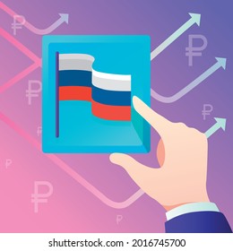 The flag of Russia that the hand points to. The concept of finance, income, exchange, money and deposits in the country's currency. For the design of materials, infographics, social networks and banne