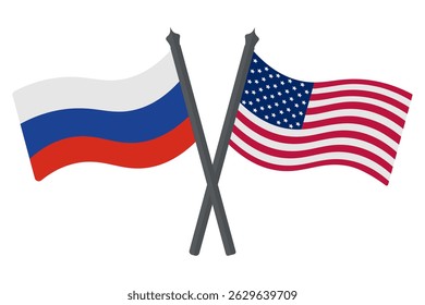 Flag of Russia and the USA. The flags are crossed. Color vector illustration. Symbols of the states. Political theme. Flat style. National sign. Isolated white background. Idea for web design.