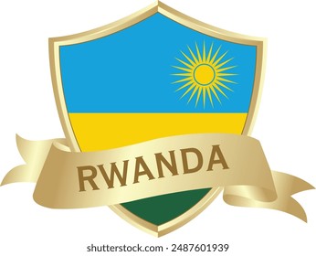 Flag of rwanda as around the metal gold shield with rwanda flag