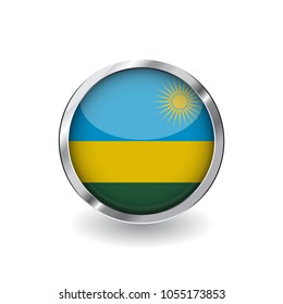 Flag of rwanda, button with metal frame and shadow. rwanda flag vector icon, badge with glossy effect and metallic border. Realistic vector illustration on white background.