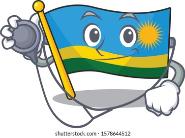 Flag Rwanda Cartoon Mascot Style In A Doctor Costume With Tools