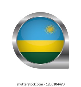 Flag of Rwanda, location map pin, pointer flag, button with the reflection of light and shadow, silver frame, Icon country. Realistic vector illustration on white background.