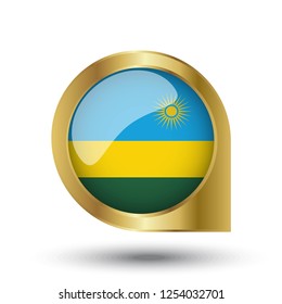 Flag of Rwanda, location map pin, pointer flag, button with the reflection of light and shadow, gold frame, Icon country. Realistic vector illustration on white background.