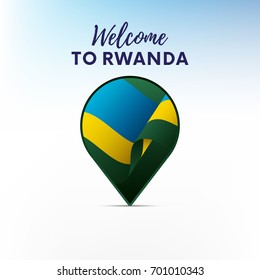 Flag of Rwanda in shape of map pointer or marker. Welcome to Rwanda. Vector illustration.