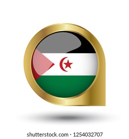 Flag of Sahrawi Arab Democratic Republic, location map pin, pointer flag, button with the reflection of light and shadow, gold frame, Icon country. Realistic vector illustration on white background.
