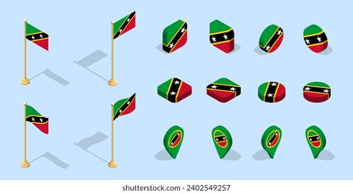 Bandera de Saint Kitts y Nevis. Icono de conjunto de indicadores isométricos 3D. Vector de banner, afiche, presentación, infografía, sitio web, aplicaciones, mapas y otros usos.