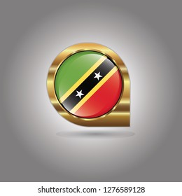 Flag of Saint Kitts and Nevis, button with the reflection of light and shadow, gold frame, Icon country. Realistic vector illustration on gray background.