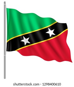 Flag of Saint Kitts And Nevis with flag pole waving in wind. Vector illustration