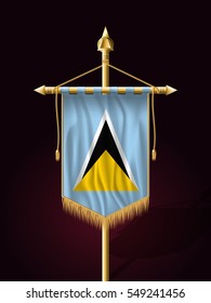 Flag of Saint Lucia. Festive Vertical Banner with Flagpole. Wall Hangings with Gold Tassel Fringing