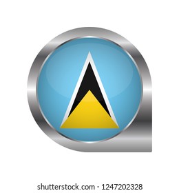 Flag of Saint Lucia, location map pin, pointer flag, button with the reflection of light and shadow, silver frame, Icon country. Realistic vector illustration on white background.