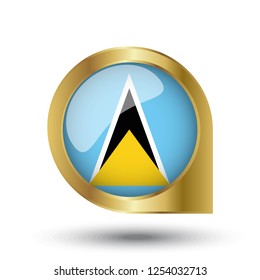Flag of Saint Lucia, location map pin, pointer flag, button with the reflection of light and shadow, gold frame, Icon country. Realistic vector illustration on white background.