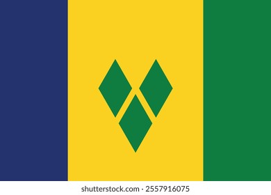 The flag of Saint Vincent and the Grenadines is a Canadian pale triband consisting of blue, gold, and green bands charged with three green diamonds at the middle