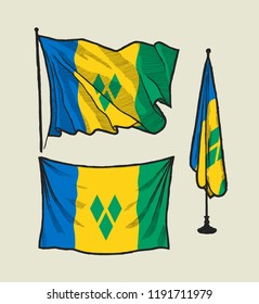Flag of Saint Vincent and Grenadines on the wind and on the wall illustration set