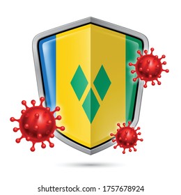 Bandera de San Vicente y las Granadinas sobre el ícono del Escudo Brillante Metal y las células de virus de la Corona Roja. Concepto de atención médica y distintivo de seguridad. Etiqueta de metal de seguridad con colores de marca