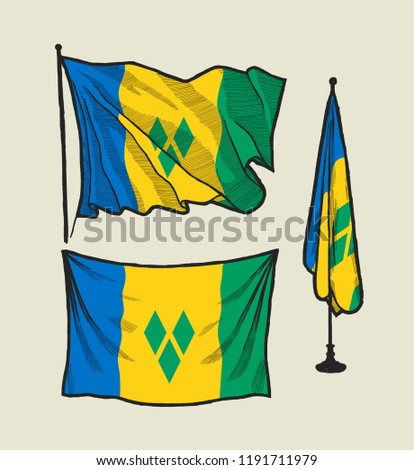 Flag of Saint Vincent and Grenadines on the wind and on the wall illustration set