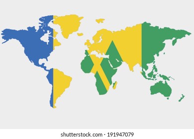 The flag of Saint Vincent and the Grenadines in the outline of the world