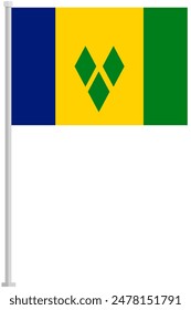 Flag of Saint Vincent and the Grenadines with silver pole flat icon isolated on white background.