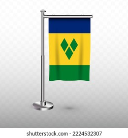 Flag of Saint Vincent and the Grenadines. Vector illustration of a vertical hanging flag with flagpole on a transparent background (PNG).