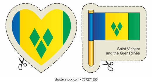 Flag of Saint Vincent and the Grenadines. Vector cut sign here, isolated on white. Can be used for design, stickers, souvenirs.