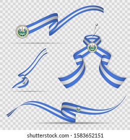 Flag of Salvador. 15th of September. Set of realistic wavy ribbons in colors of salvadoran flag on transparent background. Coat of arms. Independence day. National symbol. Vector illustration.