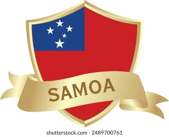 Flag of samoa as around the metal gold shield with samoa flag