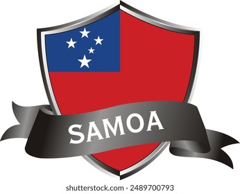 Flag of samoa as around the metal silver shield with samoa flag