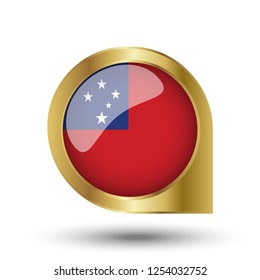 Flag of Samoa, location map pin, pointer flag, button with the reflection of light and shadow, gold frame, Icon country. Realistic vector illustration on white background.