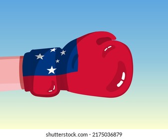 Bandera de Samoa en guantes de boxeo. Enfrentamiento entre países con poder competitivo. Actitud ofensiva. Separación del poder. Diseño preparado para plantillas.