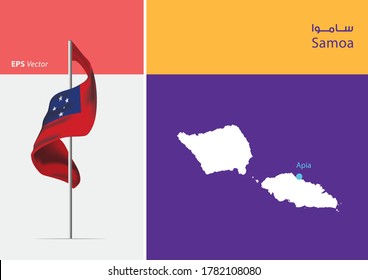 Flag of Samoa on white background. Map of Samoa with Capital position - Apia. The script in arabic means Samoa